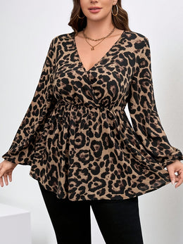 jkthpu-45 Plus Size Leopard Print V-Neck Blouse – Long Sleeve Button-Up Ruffled Hem