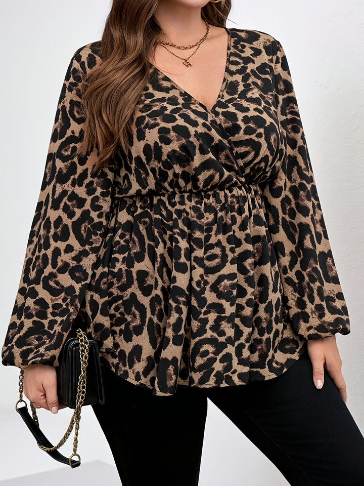 Plus Size Leopard Print V-Neck Blouse – Long Sleeve Button-Up Ruffled Hem
