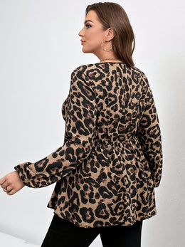 jkthpu-45 Plus Size Leopard Print V-Neck Blouse – Long Sleeve Button-Up Ruffled Hem