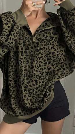 jkthpu-45 Plus Size Leopard Zip Hoodie Versatile  Chic Style