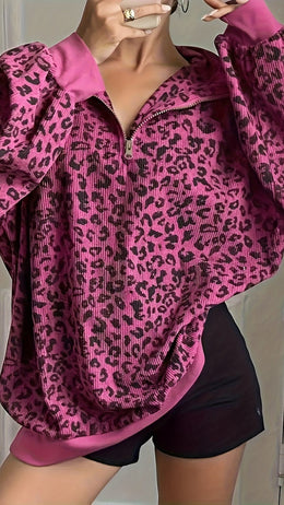 jkthpu-45 Plus Size Leopard Zip Hoodie Versatile  Chic Style