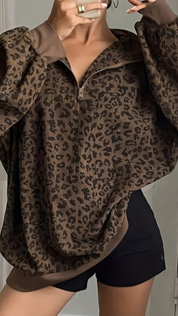 jkthpu-45 Plus Size Leopard Zip Hoodie Versatile  Chic Style