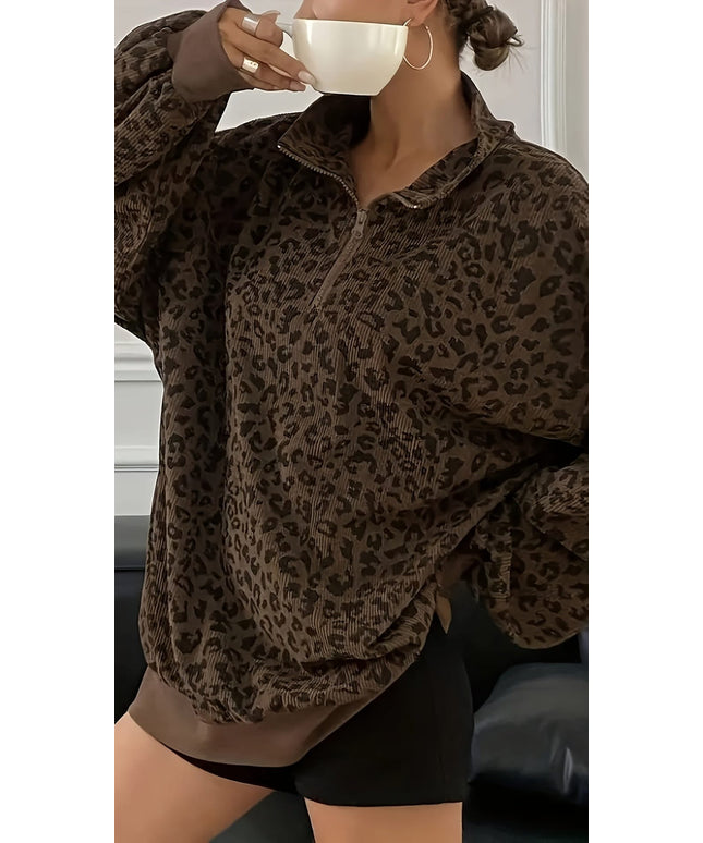 jkthpu-45 Plus Size Leopard Zip Hoodie Versatile  Chic Style