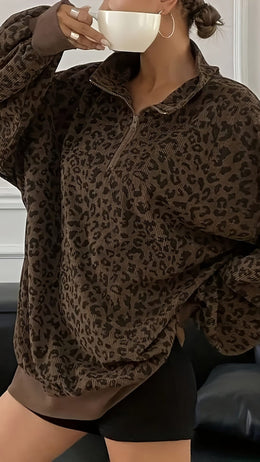 jkthpu-45 Plus Size Leopard Zip Hoodie Versatile  Chic Style