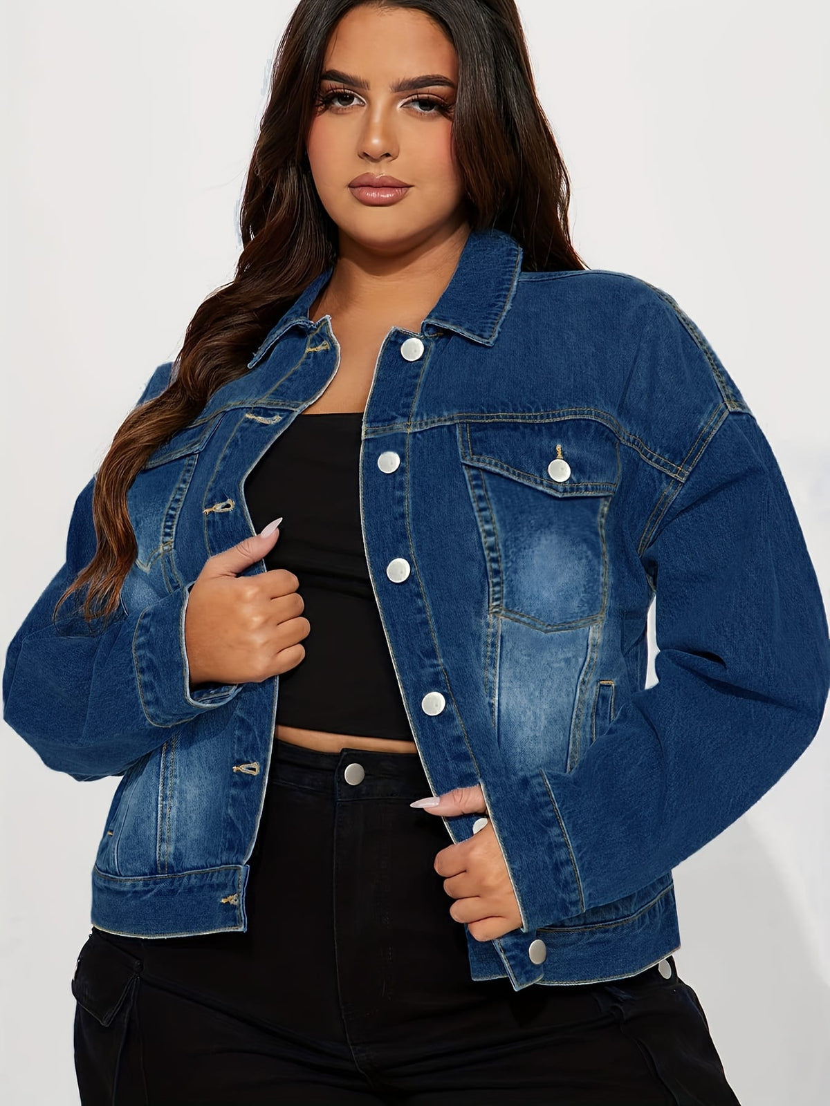 jkthpu-45 Plus Size Light Blue Stretch Denim Jacket