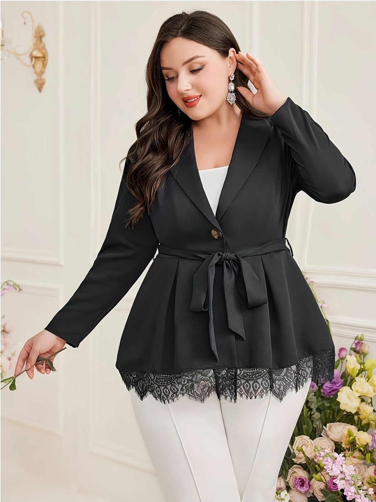 jkthpu-45 Plus Size Long Sleeve Blazer – Black Lapel Collar with Tie Waist