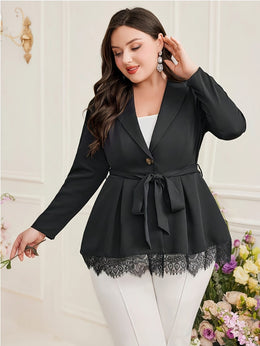 jkthpu-45 Plus Size Long Sleeve Blazer – Black Lapel Collar with Tie Waist