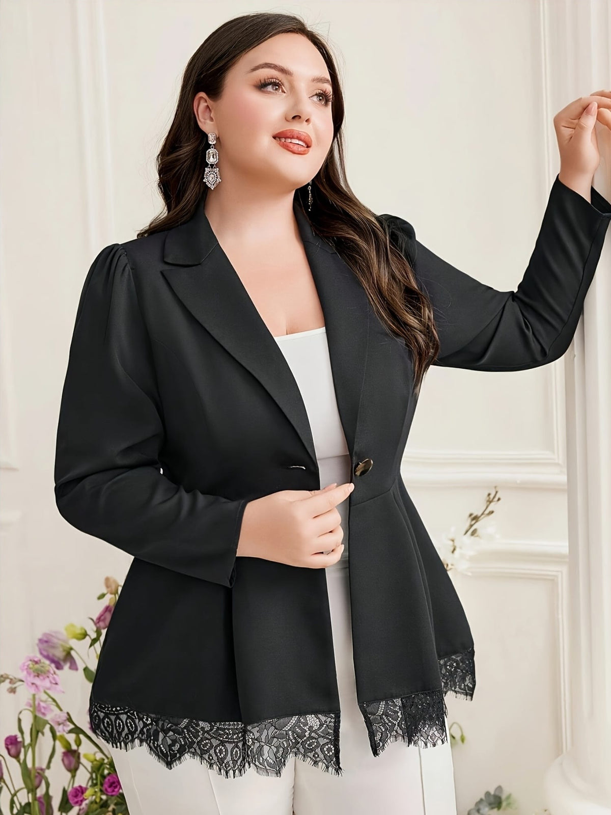 jkthpu-45 Plus Size Long Sleeve Blazer – Black Lapel Collar with Tie Waist