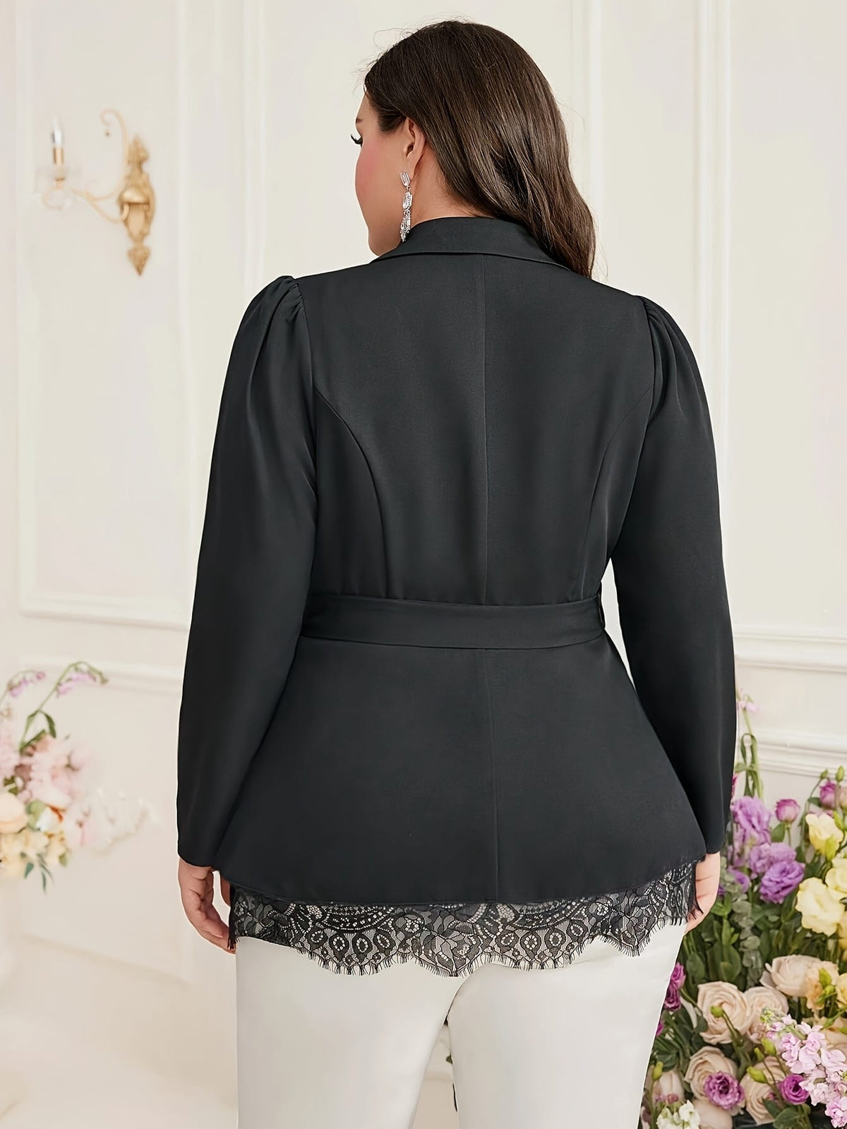 jkthpu-45 Plus Size Long Sleeve Blazer – Black Lapel Collar with Tie Waist