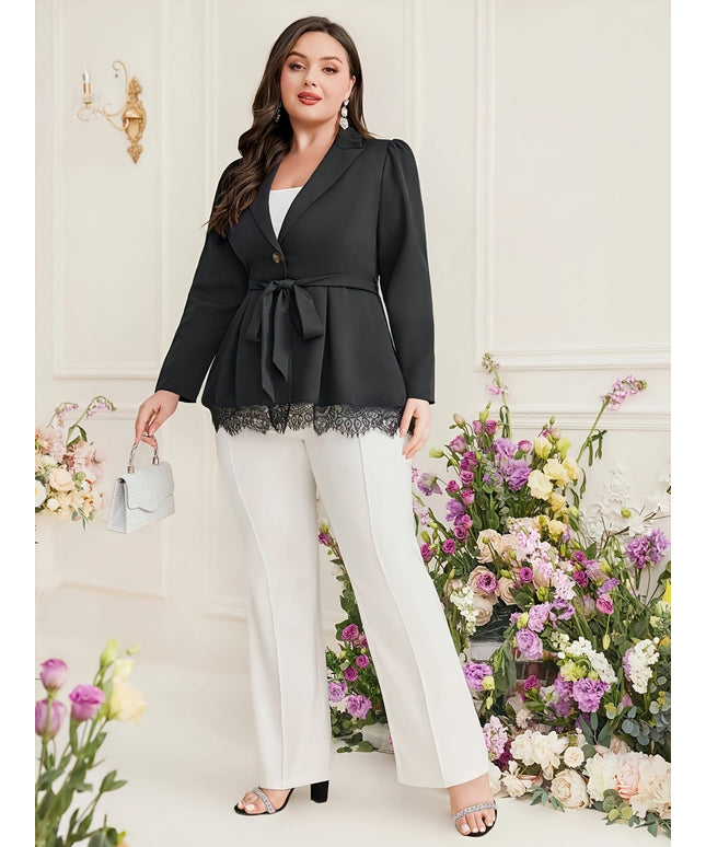 jkthpu-45 Plus Size Long Sleeve Blazer – Black Lapel Collar with Tie Waist