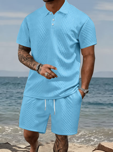 KissICON Plus Size Men'S Clothing, Plus Size Men'S Fashion Casual Suit, Textured Athletic Two-Piece Set, Short Sleeve Lapel Polo Shirt And Pants with Drawstring Design, Loose And Breathable Casual Fashion, Suitable for Casual Outings, Travel, Beach Vacation