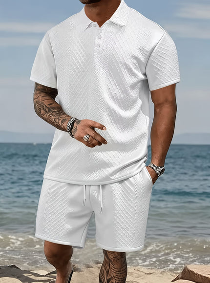 KissICON Plus Size Men'S Clothing, Plus Size Men'S Fashion Casual Suit, Textured Athletic Two-Piece Set, Short Sleeve Lapel Polo Shirt And Pants with Drawstring Design, Loose And Breathable Casual Fashion, Suitable for Casual Outings, Travel, Beach Vacation