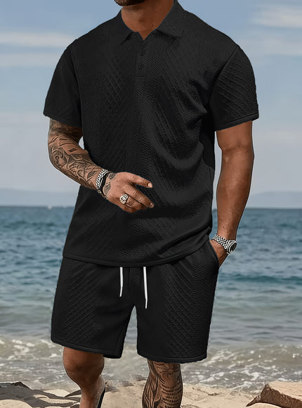 KissICON Plus Size Men'S Clothing, Plus Size Men'S Fashion Casual Suit, Textured Athletic Two-Piece Set, Short Sleeve Lapel Polo Shirt And Pants with Drawstring Design, Loose And Breathable Casual Fashion, Suitable for Casual Outings, Travel, Beach Vacation