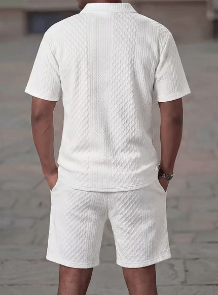 KissICON Plus Size Men'S Clothing, Plus Size Men'S Fashion Casual Suit, Textured Athletic Two-Piece Set, Short Sleeve Lapel Polo Shirt And Pants with Drawstring Design, Loose And Breathable Casual Fashion, Suitable for Casual Outings, Travel, Beach Vacation
