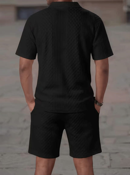 KissICON Plus Size Men'S Clothing, Plus Size Men'S Fashion Casual Suit, Textured Athletic Two-Piece Set, Short Sleeve Lapel Polo Shirt And Pants with Drawstring Design, Loose And Breathable Casual Fashion, Suitable for Casual Outings, Travel, Beach Vacation