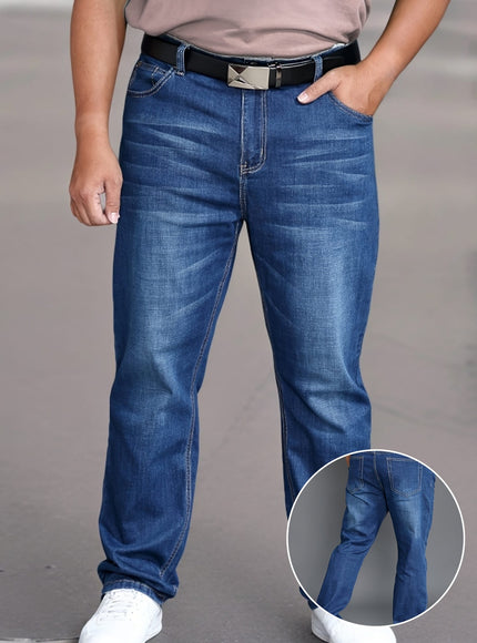 KissICON Plus Size Men'S Regular Stretch Jeans, High-Quality Wear-Resistant, Warm, And Washed Denim