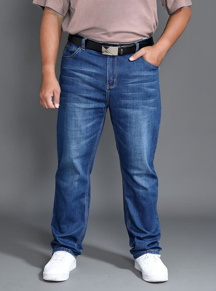 KissICON Plus Size Men'S Regular Stretch Jeans, High-Quality Wear-Resistant, Warm, And Washed Denim