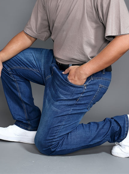 KissICON Plus Size Men'S Regular Stretch Jeans, High-Quality Wear-Resistant, Warm, And Washed Denim