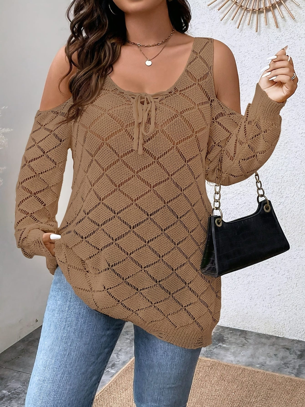 jkthpu-45 Plus Size, Mesh Shoulder Cutout Thin Sweater Breathable Loose Fit Long Sleeve Cardigan
