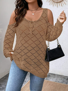 jkthpu-45 Plus Size, Mesh Shoulder Cutout Thin Sweater Breathable Loose Fit Long Sleeve Cardigan