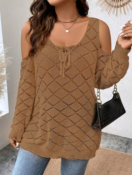 jkthpu-45 Plus Size, Mesh Shoulder Cutout Thin Sweater Breathable Loose Fit Long Sleeve Cardigan