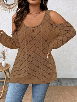 jkthpu-45 Plus Size, Mesh Shoulder Cutout Thin Sweater Breathable Loose Fit Long Sleeve Cardigan