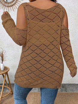 jkthpu-45 Plus Size, Mesh Shoulder Cutout Thin Sweater Breathable Loose Fit Long Sleeve Cardigan