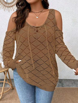 jkthpu-45 Plus Size, Mesh Shoulder Cutout Thin Sweater Breathable Loose Fit Long Sleeve Cardigan