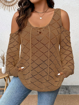 jkthpu-45 Plus Size, Mesh Shoulder Cutout Thin Sweater Breathable Loose Fit Long Sleeve Cardigan