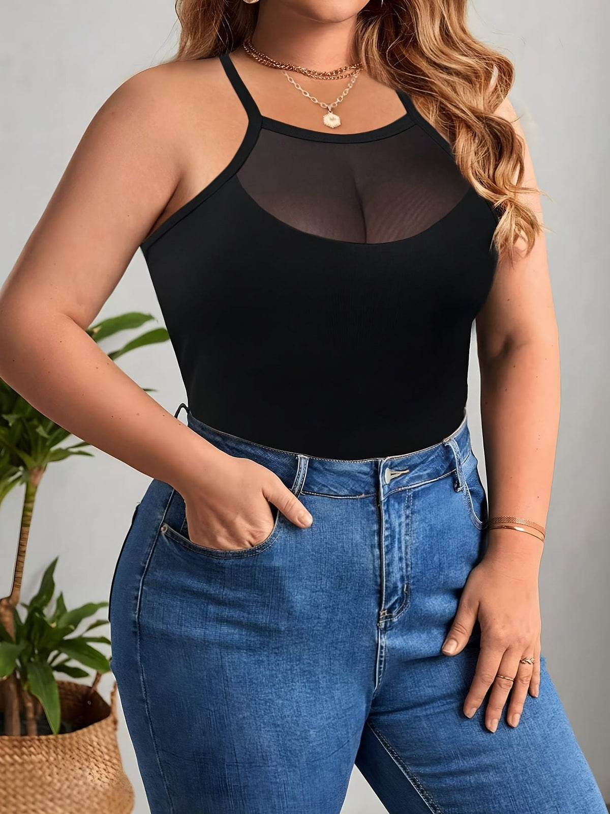 jkthpu-45 Plus Size Minimalist Cami Top – Black & White Contrast Mesh Backless