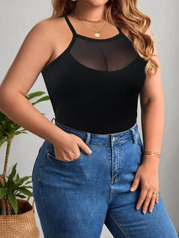 jkthpu-45 Plus Size Minimalist Cami Top – Black & White Contrast Mesh Backless