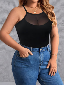 jkthpu-45 Plus Size Minimalist Cami Top – Black & White Contrast Mesh Backless