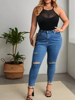 jkthpu-45 Plus Size Minimalist Cami Top – Black & White Contrast Mesh Backless