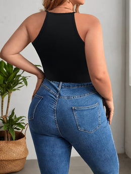 jkthpu-45 Plus Size Minimalist Cami Top – Black & White Contrast Mesh Backless