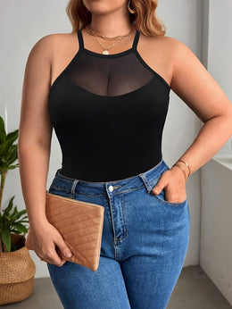 jkthpu-45 Plus Size Minimalist Cami Top – Black & White Contrast Mesh Backless