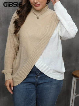 Dropshipman Plus Size Mock Neck Color Block Knitted Sweater Women's Autumn winter