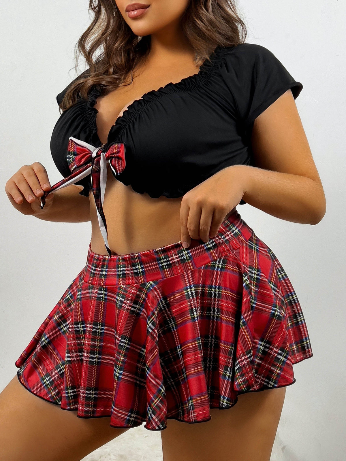 jkthpu-45 Plus Size Naughty Costumes, Women's Plaid Bow Decor Frill Trim Crop Top & Pleated Skirt Lingerie 2 Piece Set