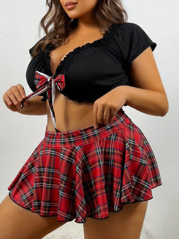 jkthpu-45 Plus Size Naughty Costumes, Women's Plaid Bow Decor Frill Trim Crop Top & Pleated Skirt Lingerie 2 Piece Set