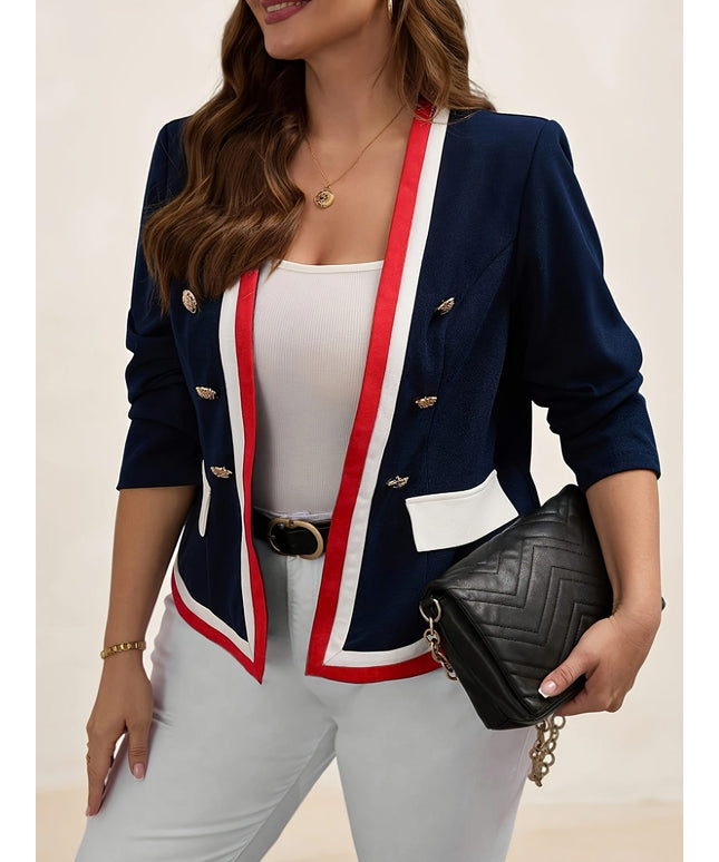 jkthpu-45 Plus Size Navy Blue V-Neck Double-Breasted Business Suit Jacket