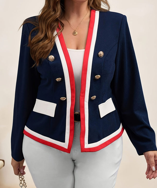 jkthpu-45 Plus Size Navy Blue V-Neck Double-Breasted Business Suit Jacket