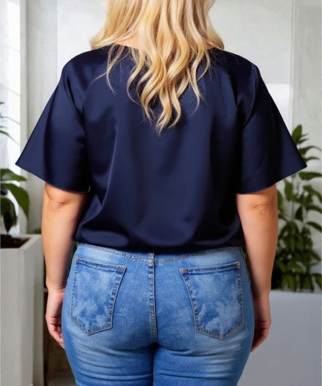 KissICON Plus Size Navy Satin Blouse with Flare Sleeves – Effortless Elegance