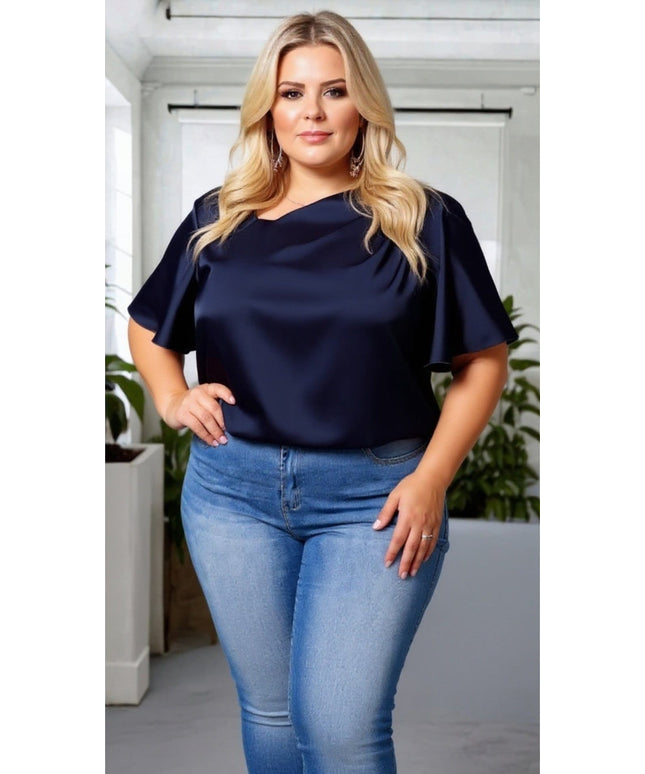 KissICON Plus Size Navy Satin Blouse with Flare Sleeves – Effortless Elegance