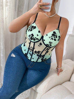jkthpu-45 Plus Size, New Mesh Sheer Waist Cinched Fleece Steel Ring Fishbone Corset Sexy Plus Size Halter Top