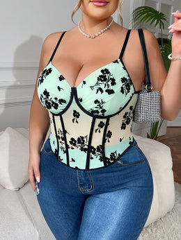 jkthpu-45 Plus Size, New Mesh Sheer Waist Cinched Fleece Steel Ring Fishbone Corset Sexy Plus Size Halter Top