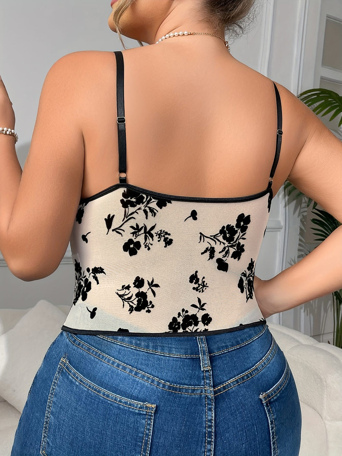 jkthpu-45 Plus Size, New Mesh Sheer Waist Cinched Fleece Steel Ring Fishbone Corset Sexy Plus Size Halter Top