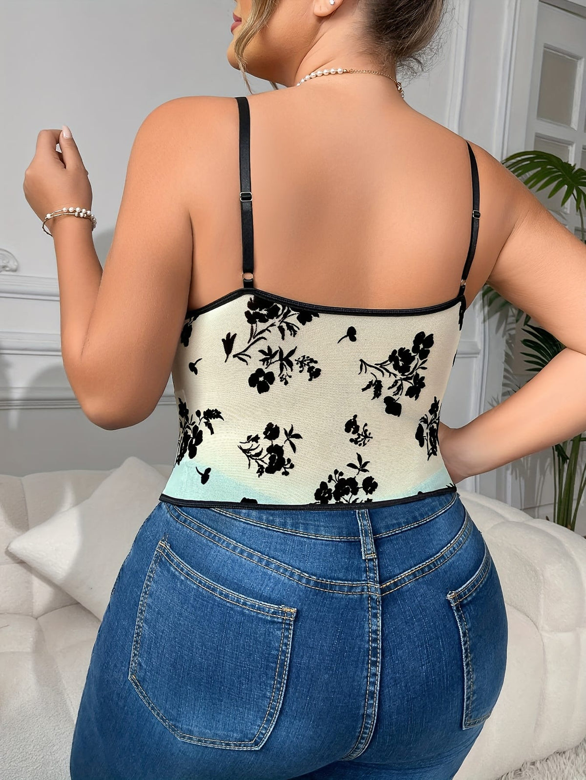 jkthpu-45 Plus Size, New Mesh Sheer Waist Cinched Fleece Steel Ring Fishbone Corset Sexy Plus Size Halter Top