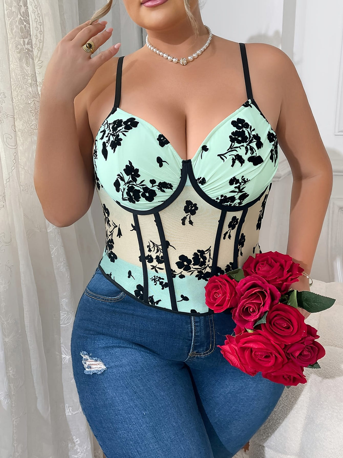 jkthpu-45 Plus Size, New Mesh Sheer Waist Cinched Fleece Steel Ring Fishbone Corset Sexy Plus Size Halter Top