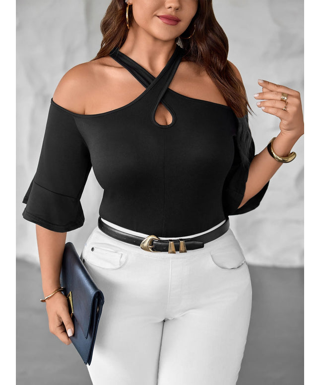 jkthpu-45 Plus Size Off-Shoulder Cross Neck Top – Solid Black Stretchy Blouse