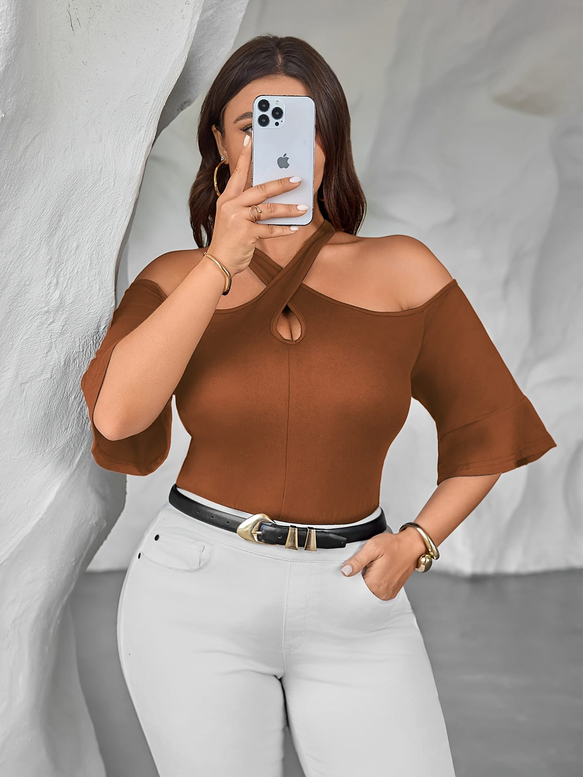 jkthpu-45 Plus Size Off-Shoulder Cross Neck Top – Solid Black Stretchy Blouse