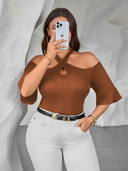 jkthpu-45 Plus Size Off-Shoulder Cross Neck Top – Solid Black Stretchy Blouse